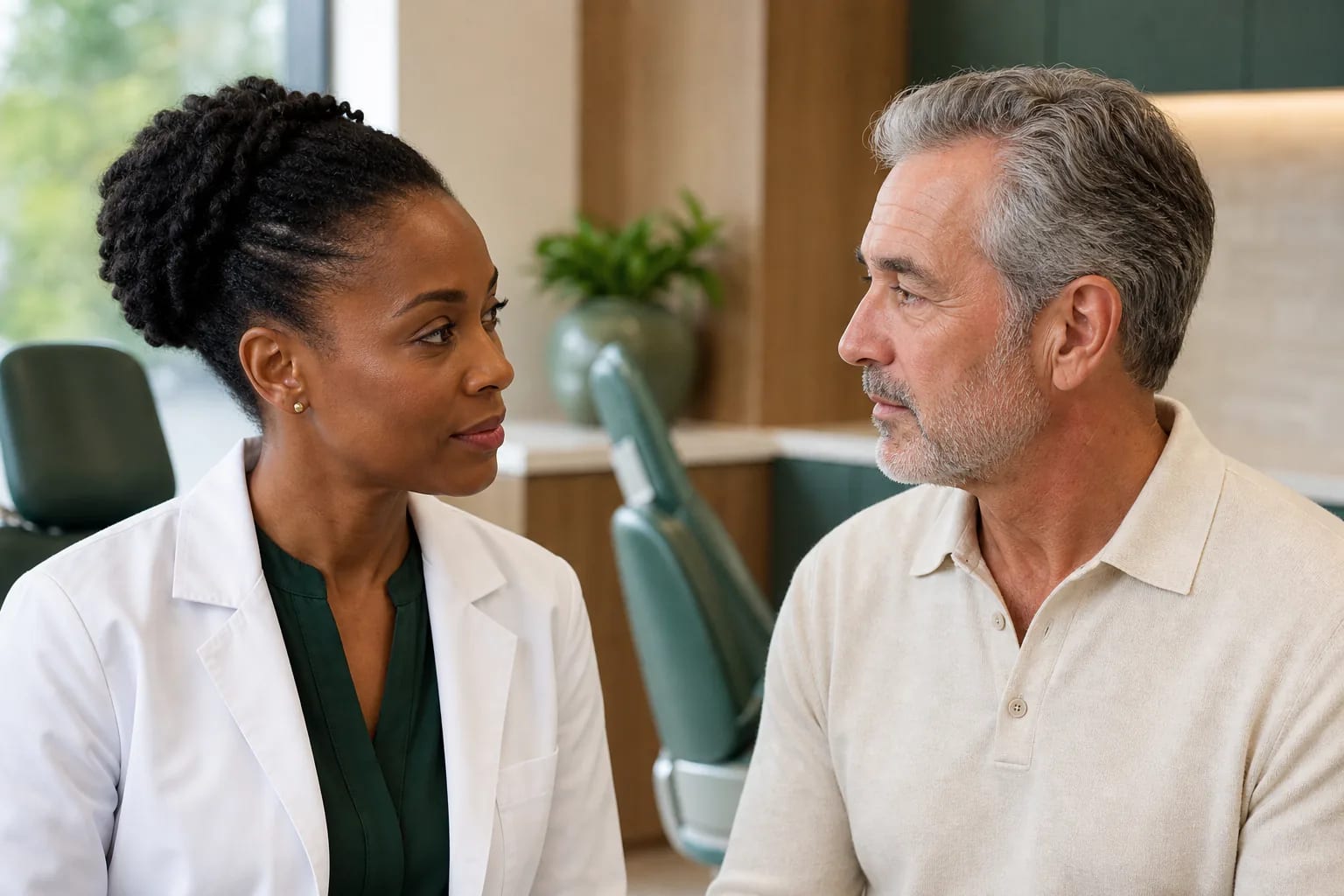 A dentist calmly reviewing a major treatment plan with a patient in a modern clinic