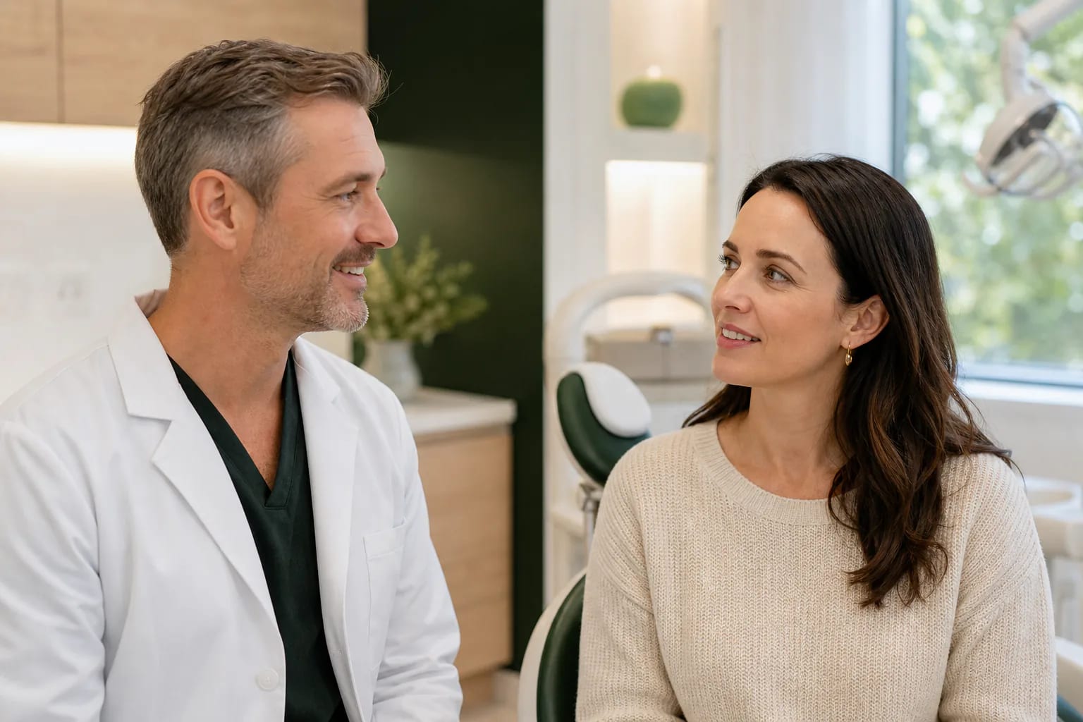 A dentist and patient discussing family dental plan options in a modern clinic